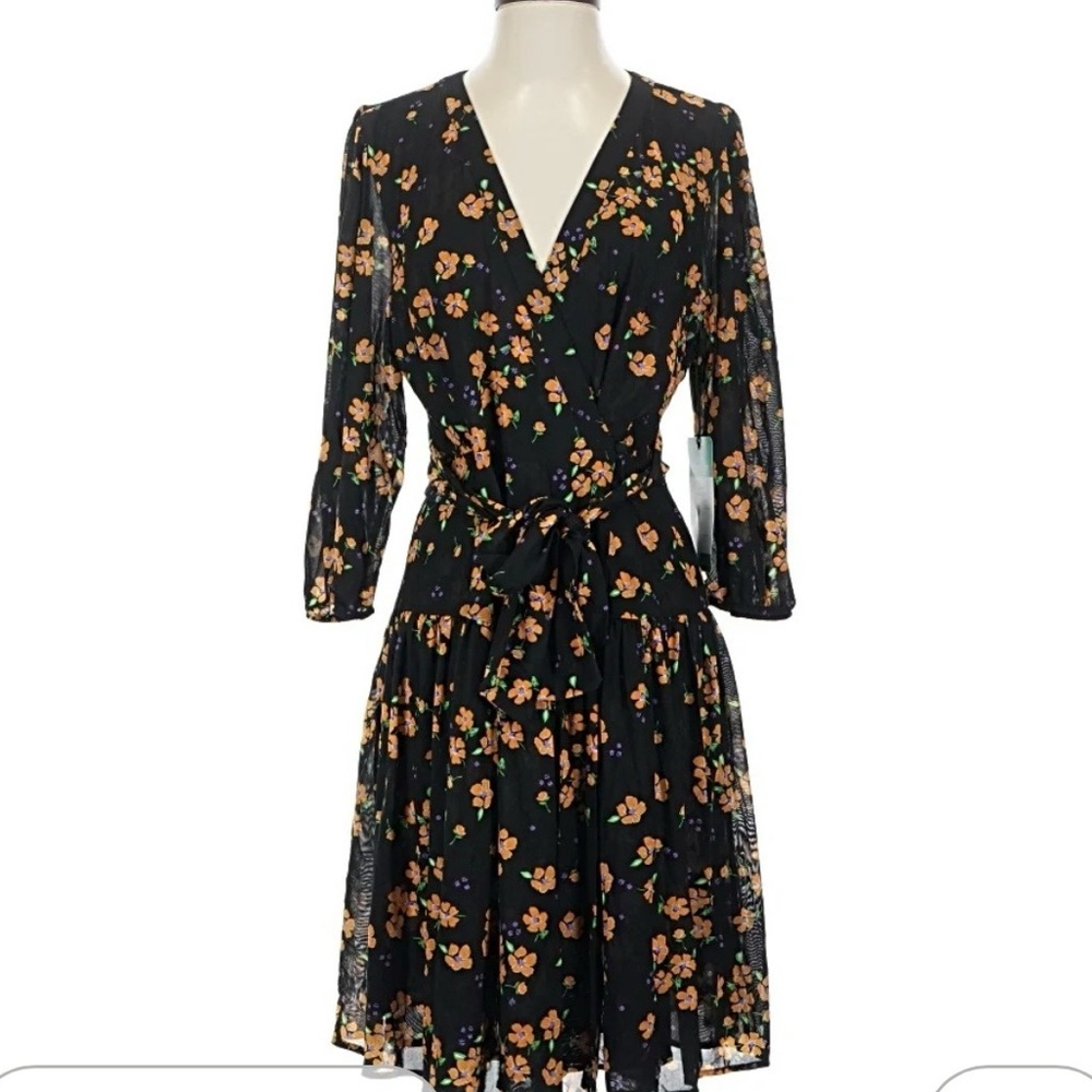 CAbi Black Floral Long Sleeve Dress